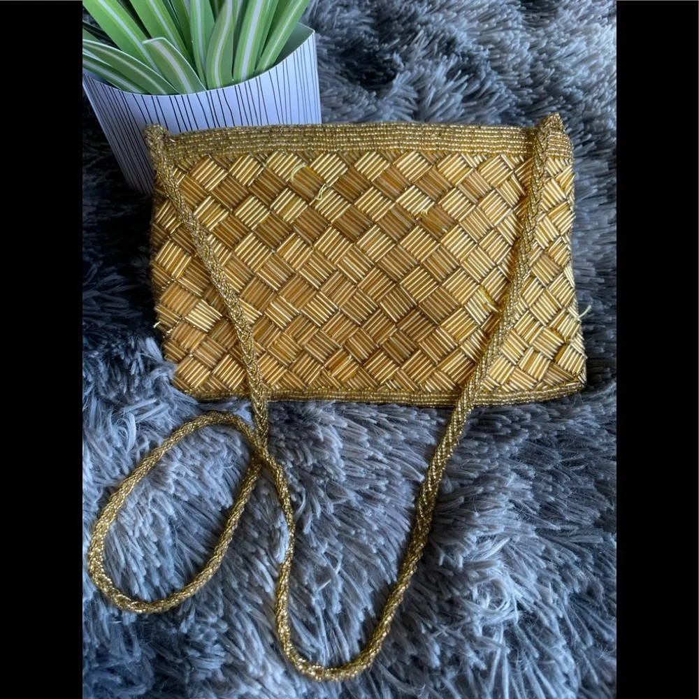 Gold colored Vintage beaded evening bag - Picture 2 of 10